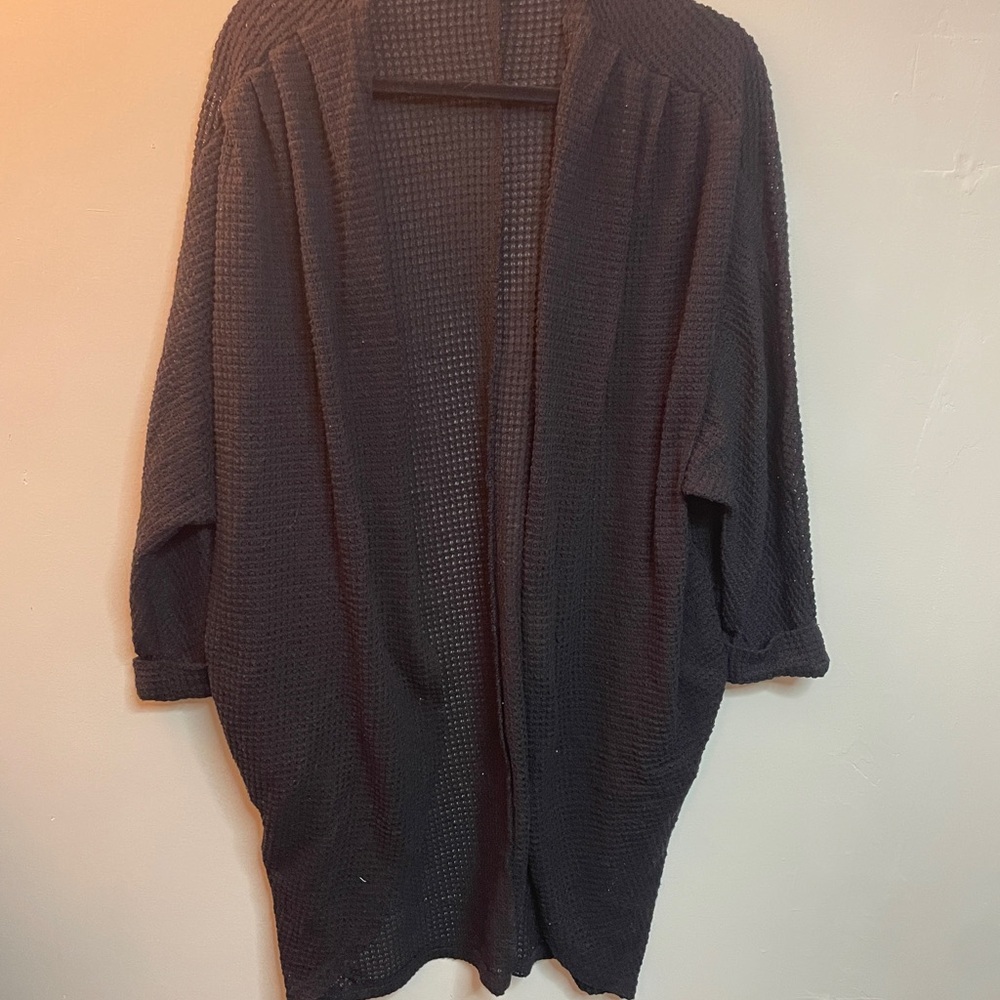 Merokeety Black Waffle Knit Batwing Cardigan Open Front Cocoon Sweater Large‎